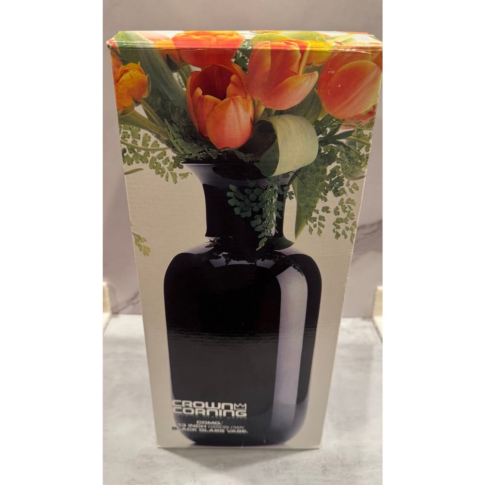 Crown Corning 13” hand blown black vase with original box